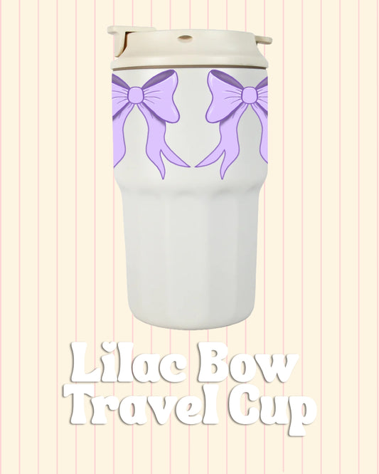 Cute insulated travel mug with lilac bow design