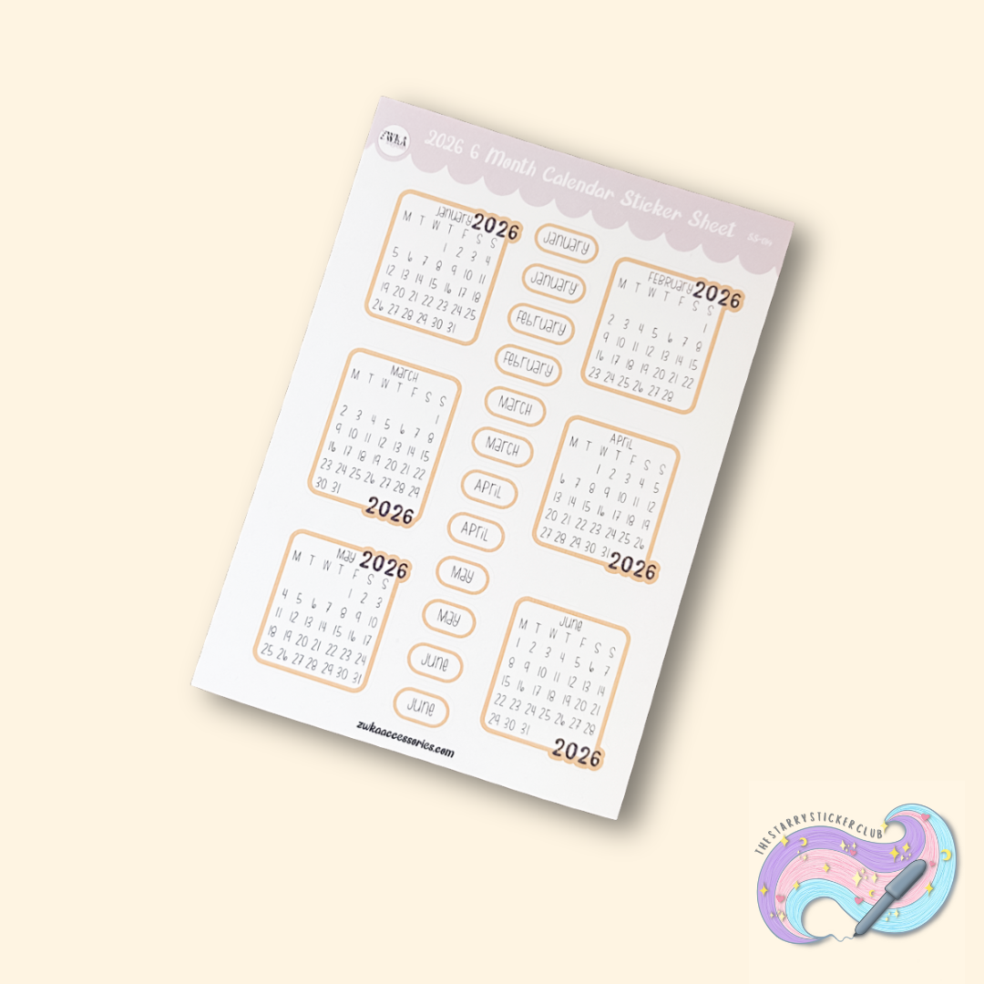 END OF LINE - 2026 6 Month Calendar Sticker Sheet | Jan - June