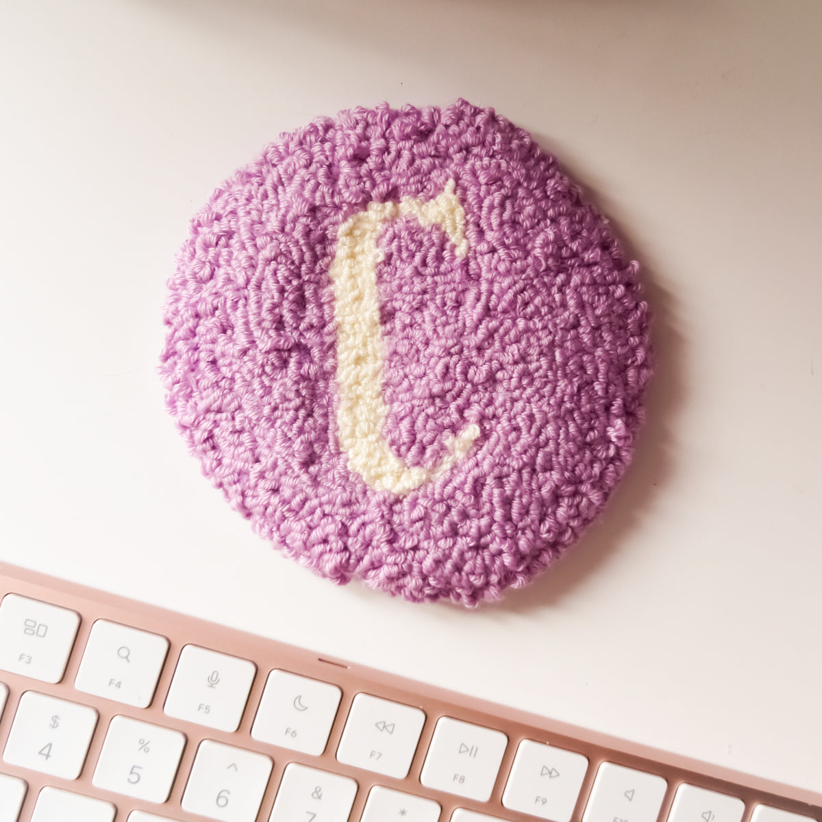 White Initial Lilac Round Mug Rug Coaster