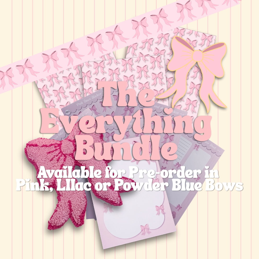 Little Bow Everything Bundle | Complete Pink, Lilac or Powder Blue Bow Collection | Enamel Pin, Washi Tape, Journal Set, Mug Rug & More
