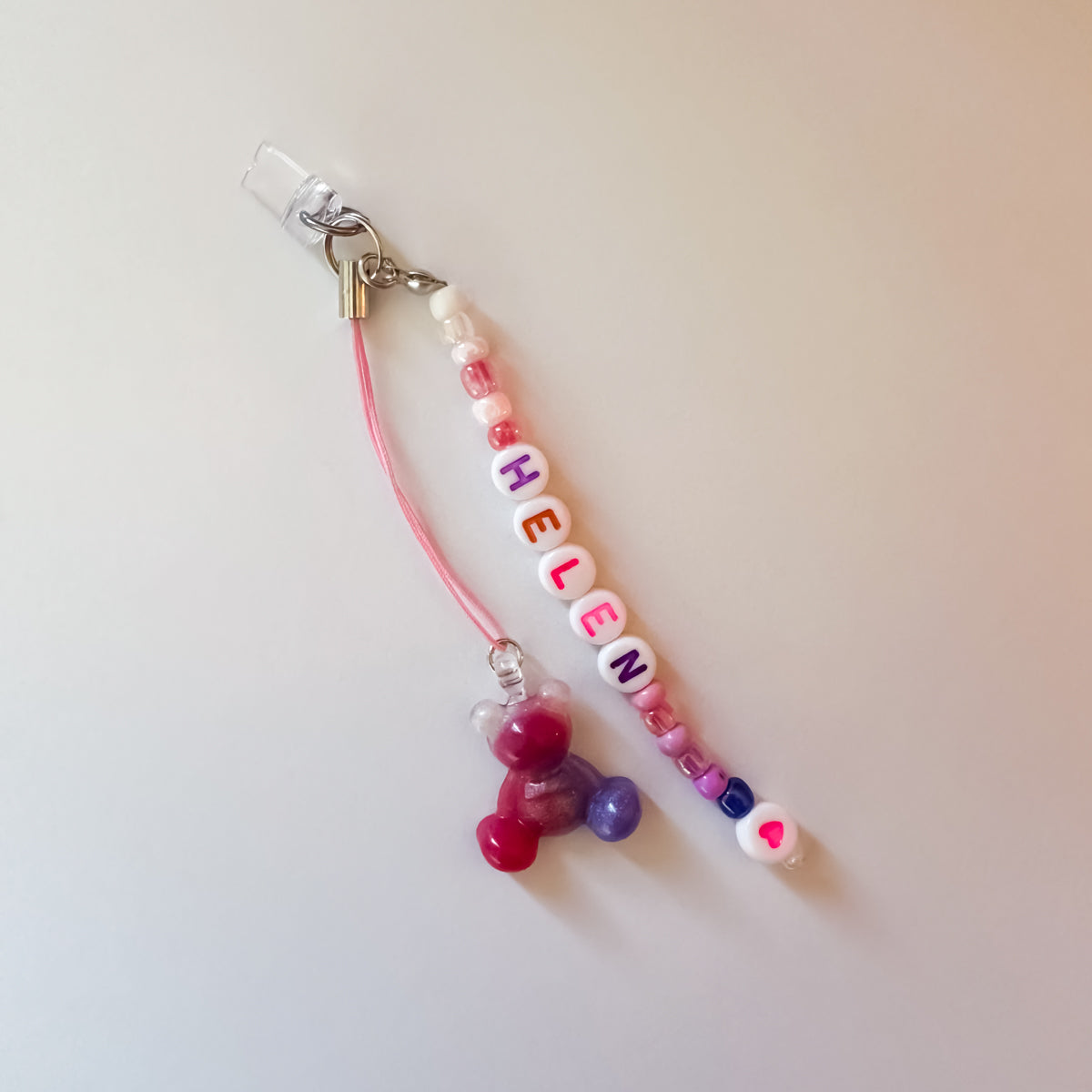Personalised Pink/Purple Worry Bear Phone Charm – Beaded Name Phone Charm with Dust Plug