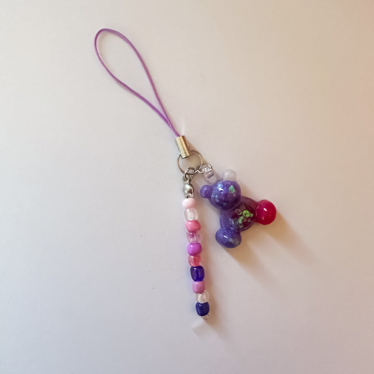 Little Worry Bear & Beads Phone Charm on Phone Strap – Pink & Purple Worry Bear Beaded Phone Accessory
