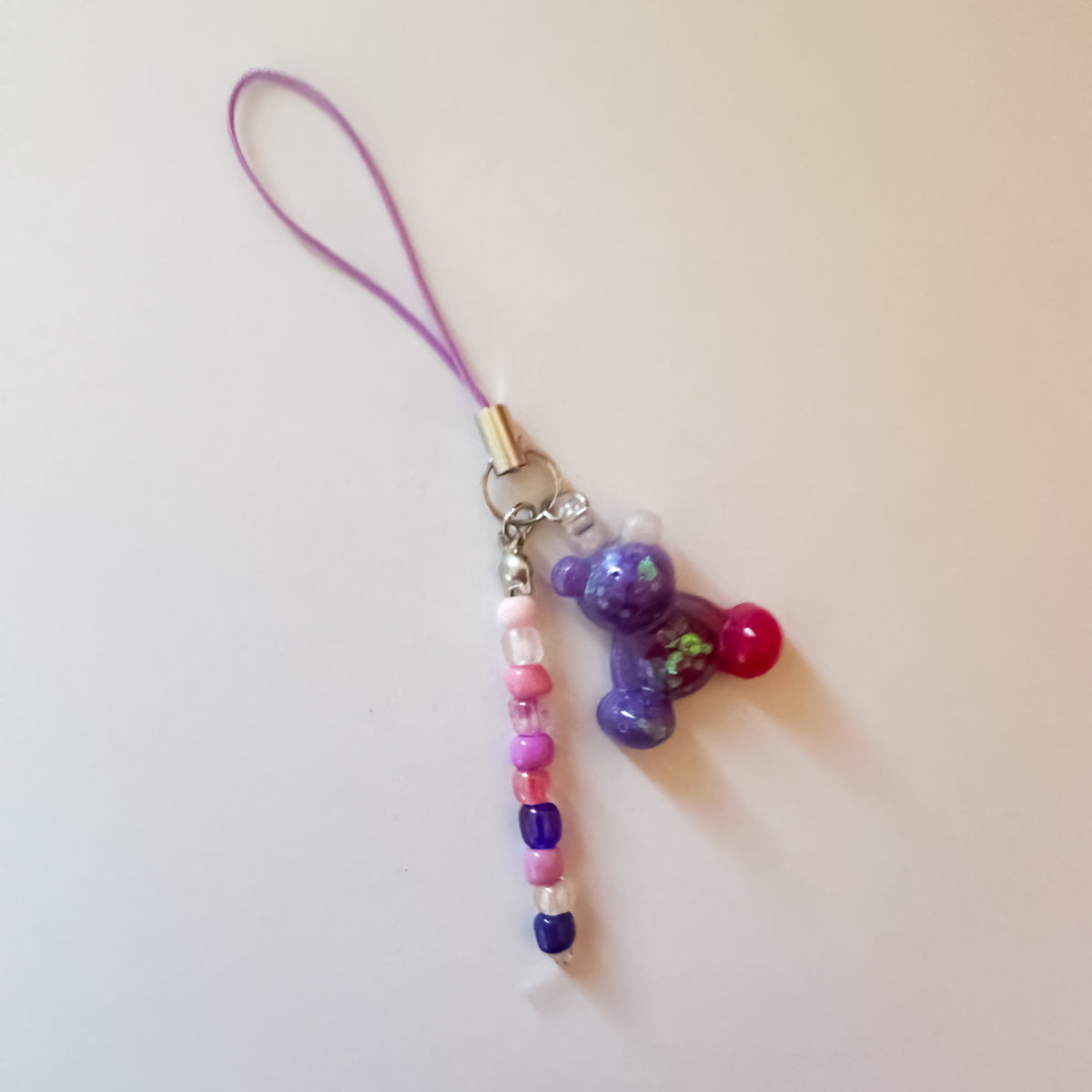 Little Worry Bear & Beads Phone Charm on Phone Strap – Pink & Purple Worry Bear Beaded Phone Accessory