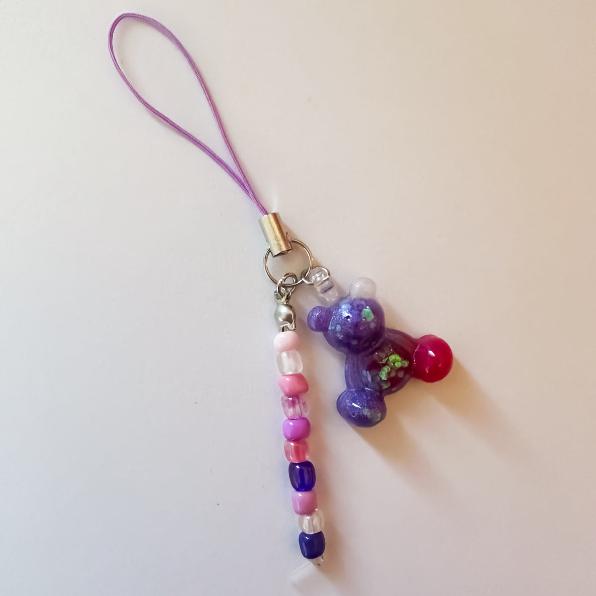 Little Worry Bear & Beads Phone Charm on Phone Strap – Pink & Purple Worry Bear Beaded Phone Accessory