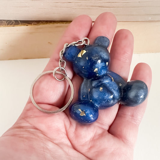 Dark Blue & Gold Speckled Little Worry Bear Keyring | Handmade Resin Keychain