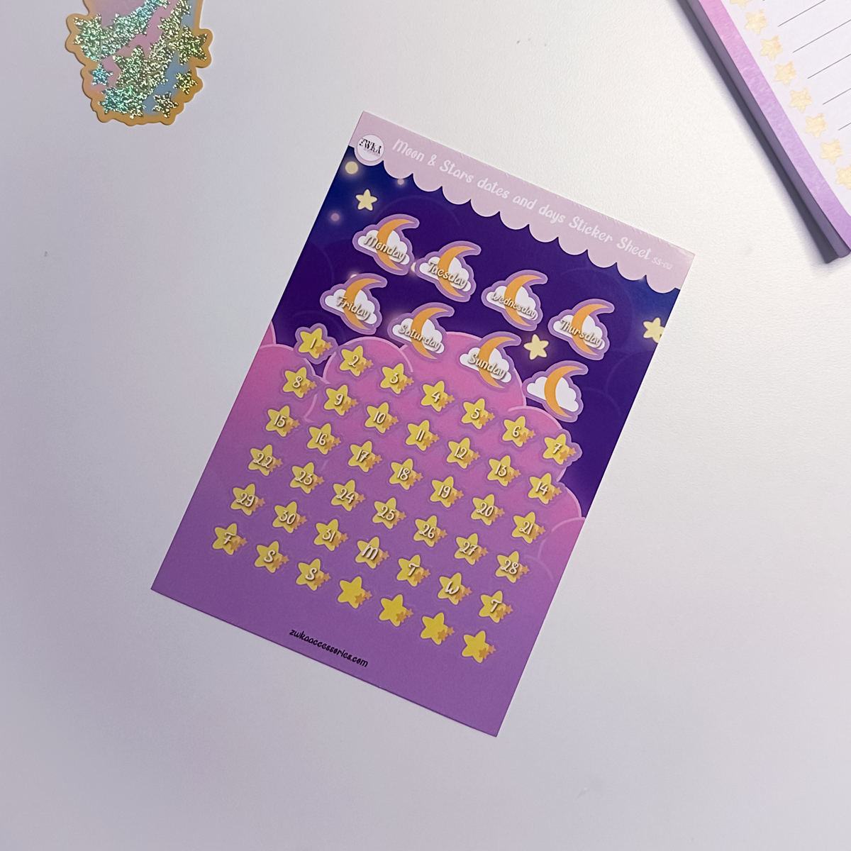 Celestial moon and cloud days stickers and star dates stickers on a sticker sheet from Land in the Stars collection
