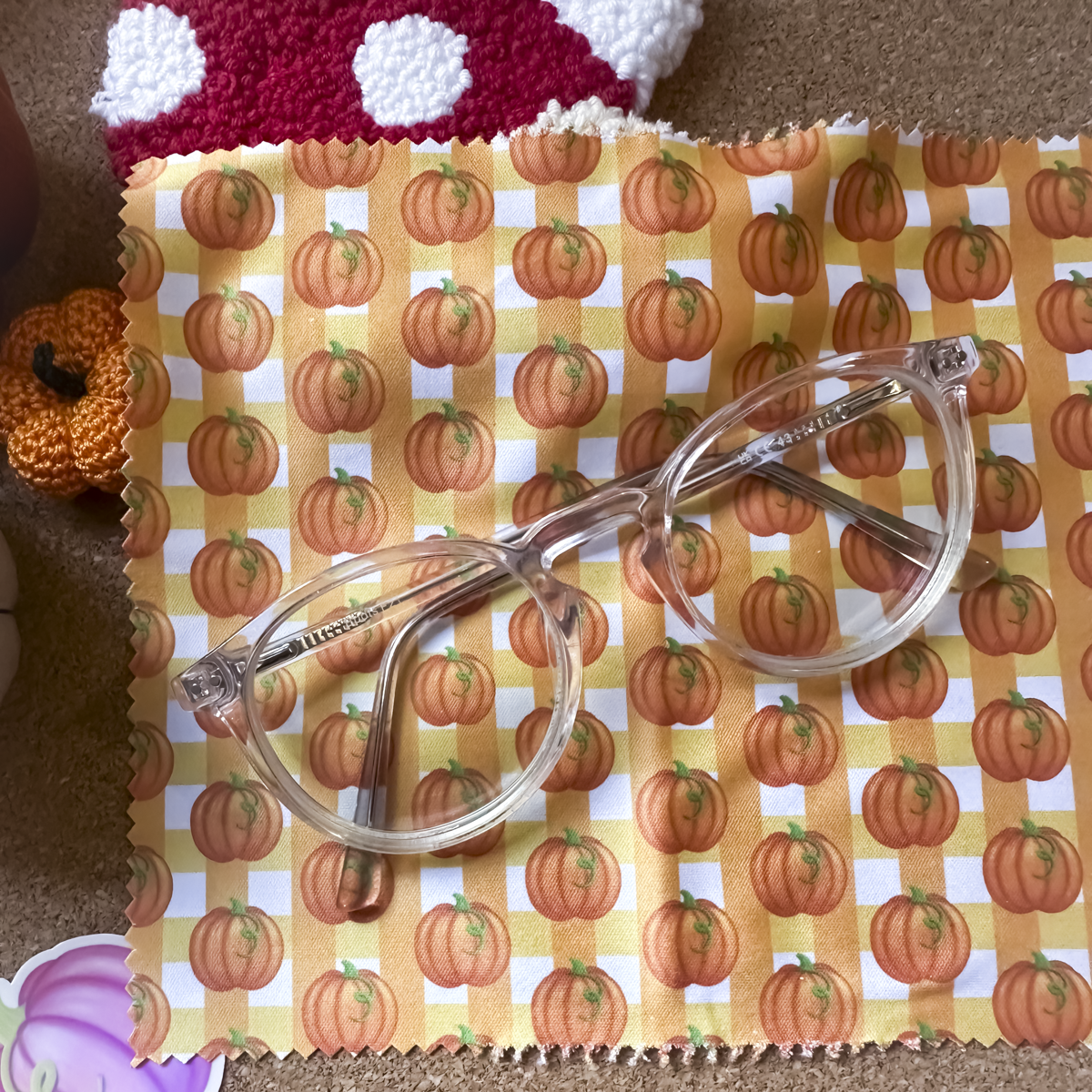 Gingham Pumpkin & Mushroom Glass Cleaning Cloth | Autumn Lens Cloth for Glasses & Screens