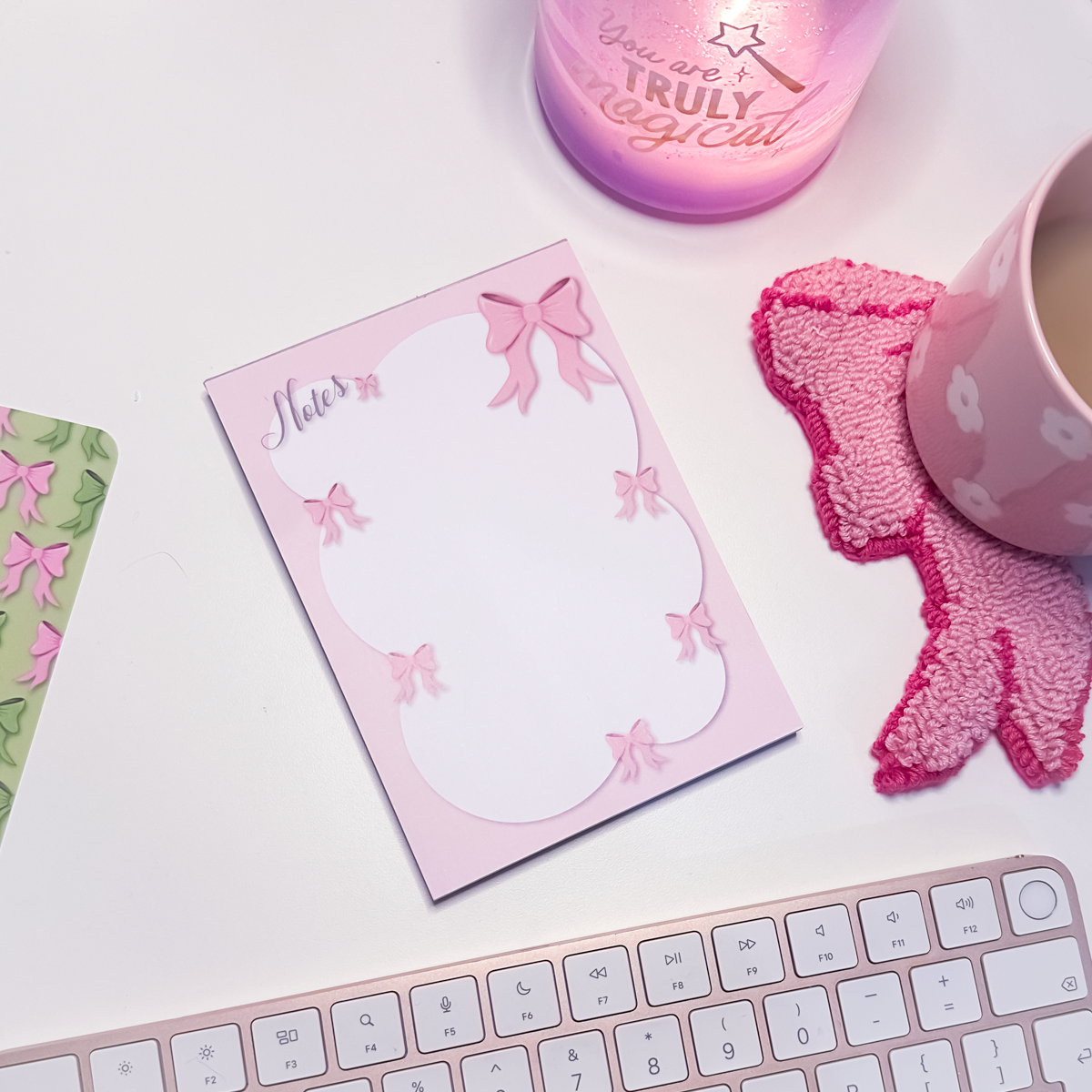 A6 pink bows notes notepad with whimsical pink bow and bubble-style circle design