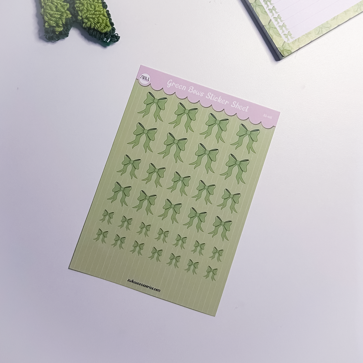 Green Bows planner sticker sheet with bow designs in whimsical green colours