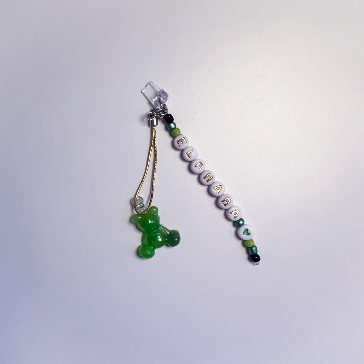 Personalised Green Worry Bear Charm – Beaded Name Phone/e-reader Charm with Dust Plug