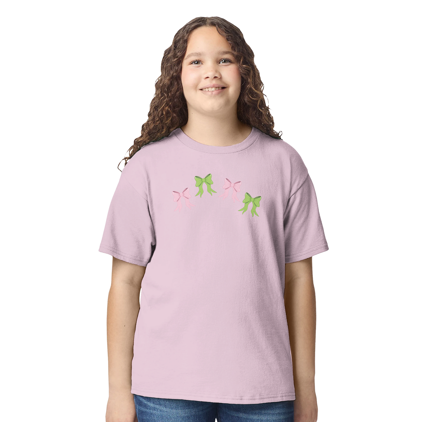 Kids pink t-shirt with pink and green bows design on front