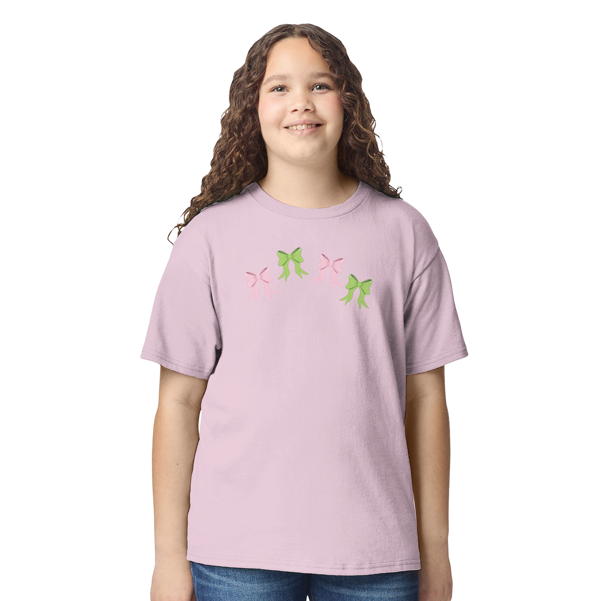 Kids pink t-shirt with pink and green bows design on front