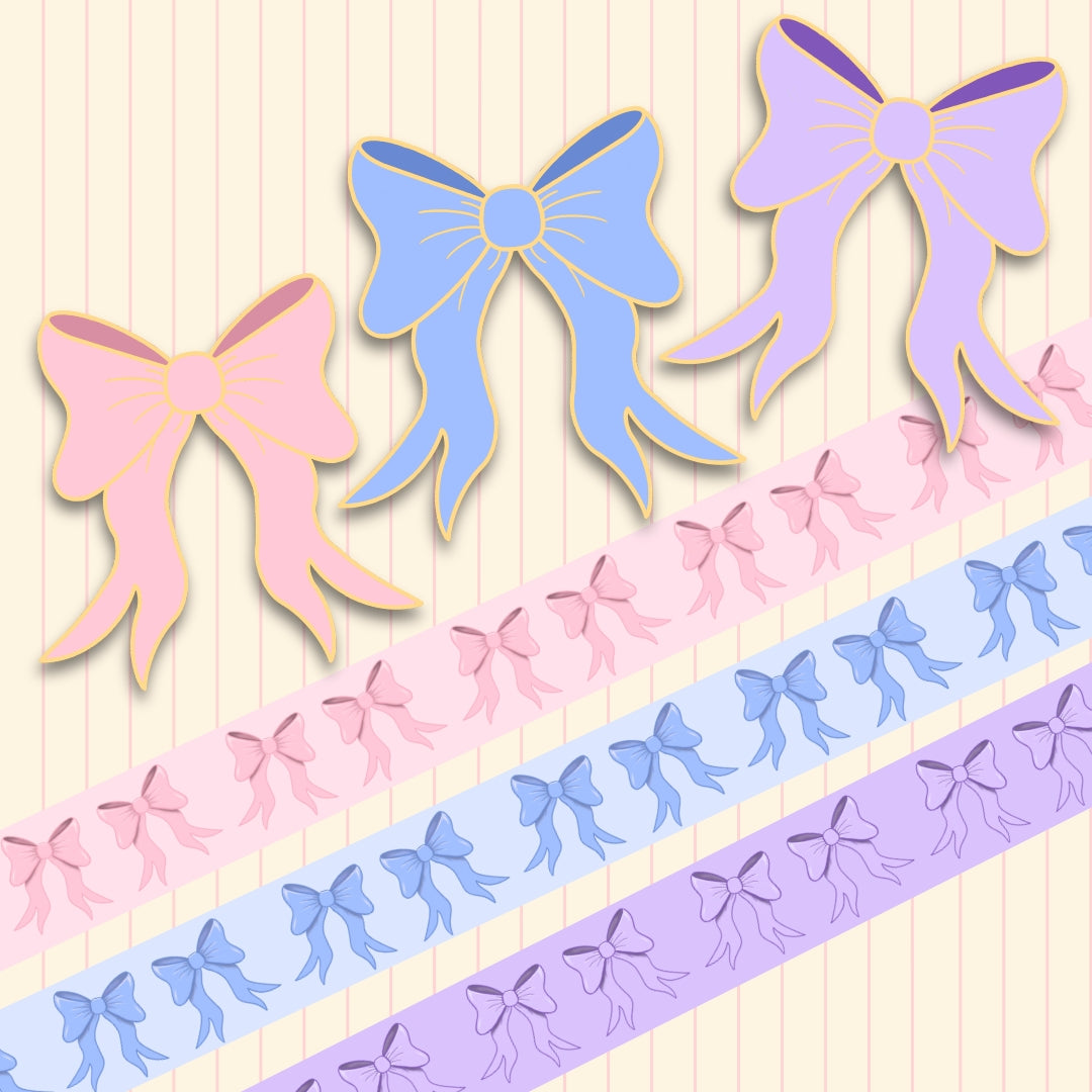 Little Bow Enamel Pin & Washi Tape Bundle | Pink, Lilac & Powder Blue Bow Stationery Set