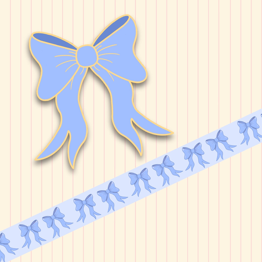 Little Bow Enamel Pin & Washi Tape Bundle | Pink, Lilac & Powder Blue Bow Stationery Set