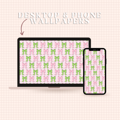 Pink and Green Bow Desktop & Phone Wallpaper Bundle