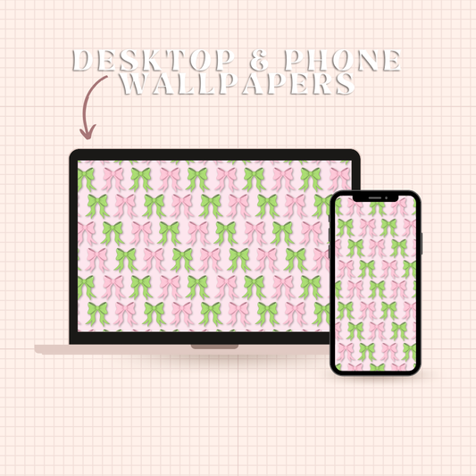 Pink and Green Bow Desktop & Phone Wallpaper Bundle
