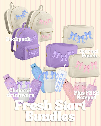 Fresh Start Bundle featuring backpack, journal pouch and drinkware