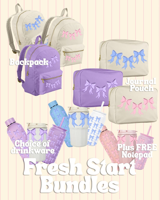 Fresh Start Bundle featuring backpack, journal pouch and drinkware