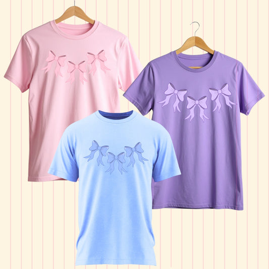 Little Bow Adult T-Shirt | Pink, Lilac & Powder Blue Bow T-Shirt