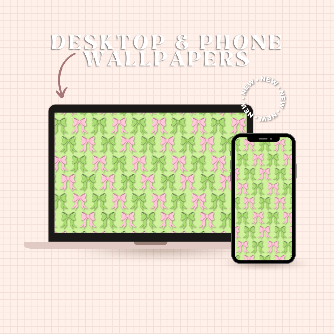 Pink and Green Bow Desktop & Phone Wallpaper Bundle