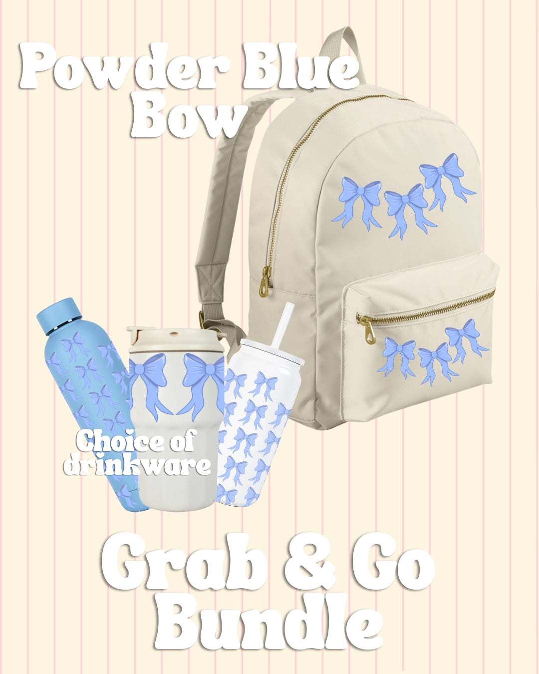 Powder Blue Bow Backpack with water bottle bundle