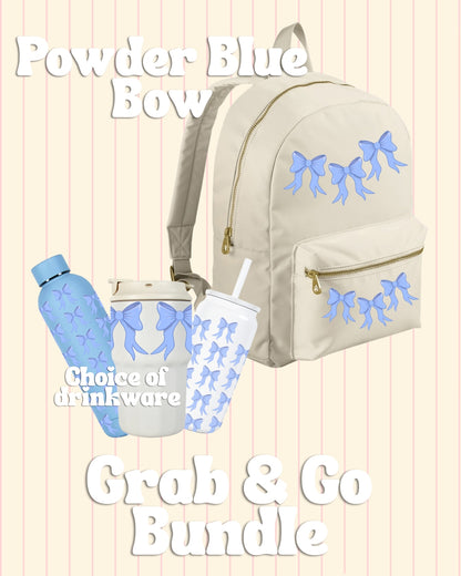Powder Blue Bow Backpack with water bottle bundle