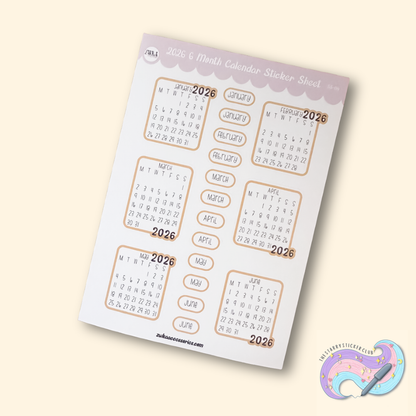 END OF LINE - 2026 6 Month Calendar Sticker Sheet | Jan - June
