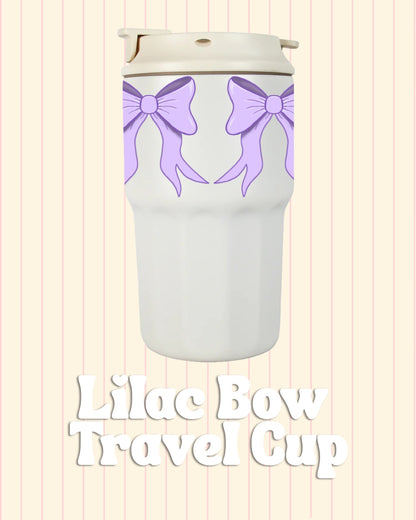 Cute insulated travel mug with lilac bow design
