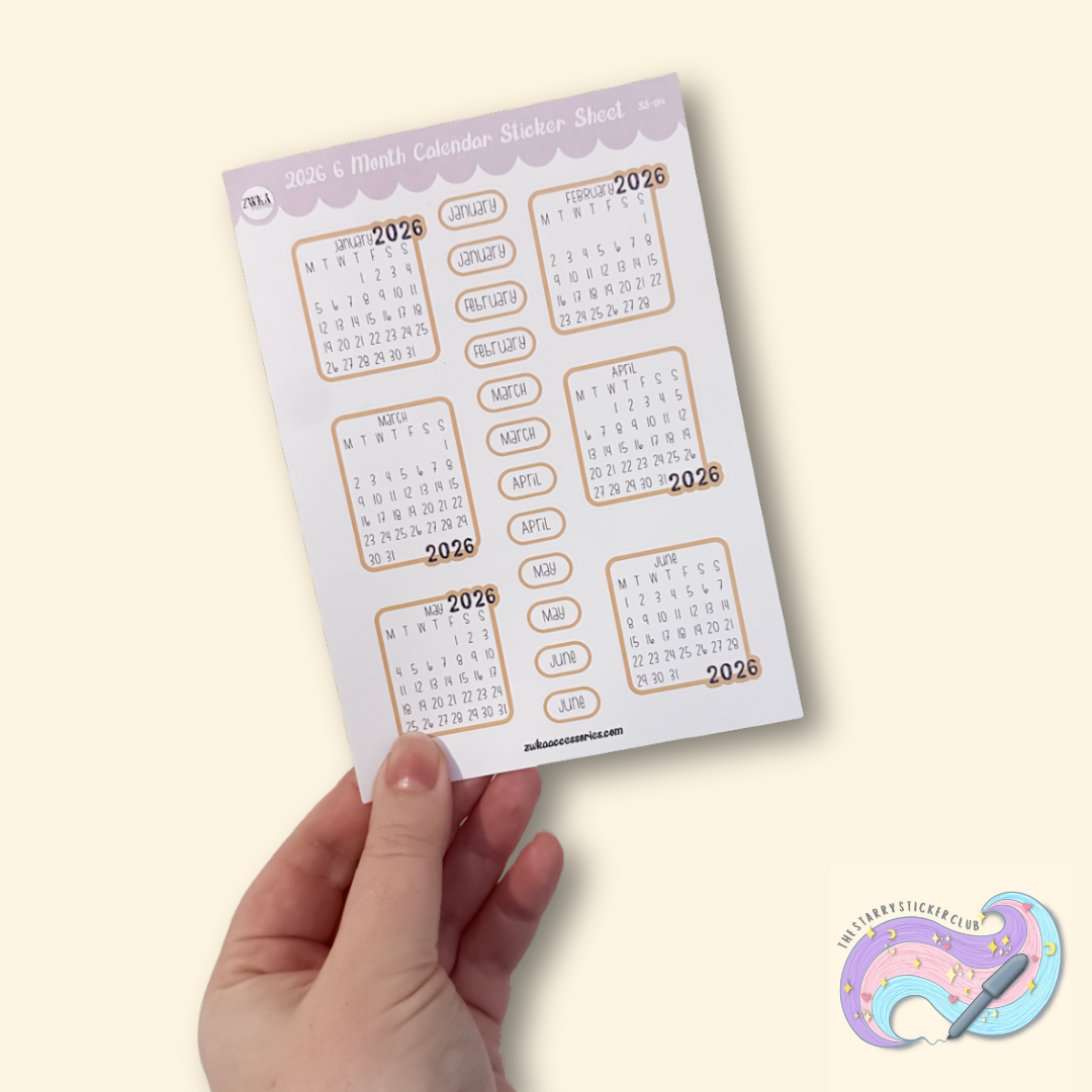 END OF LINE - 2026 6 Month Calendar Sticker Sheet | Jan - June
