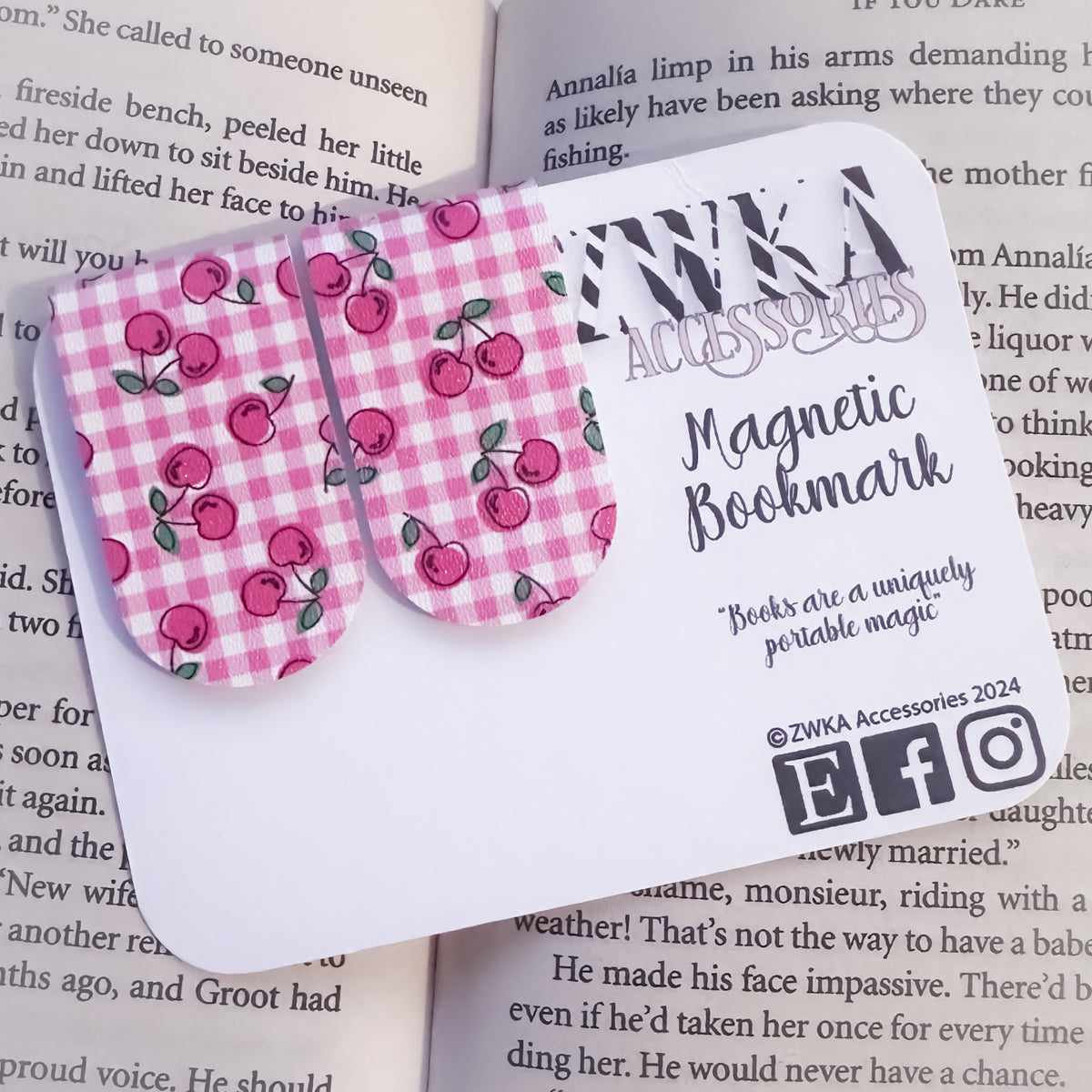 Cherry magnetic bookmark on pink gingham background