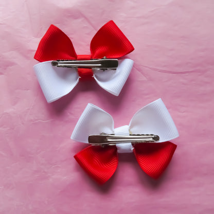 Red and White Hair Bows showing alligator clips back view