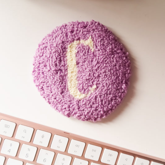 White Initial Lilac Round Mug Rug Coaster