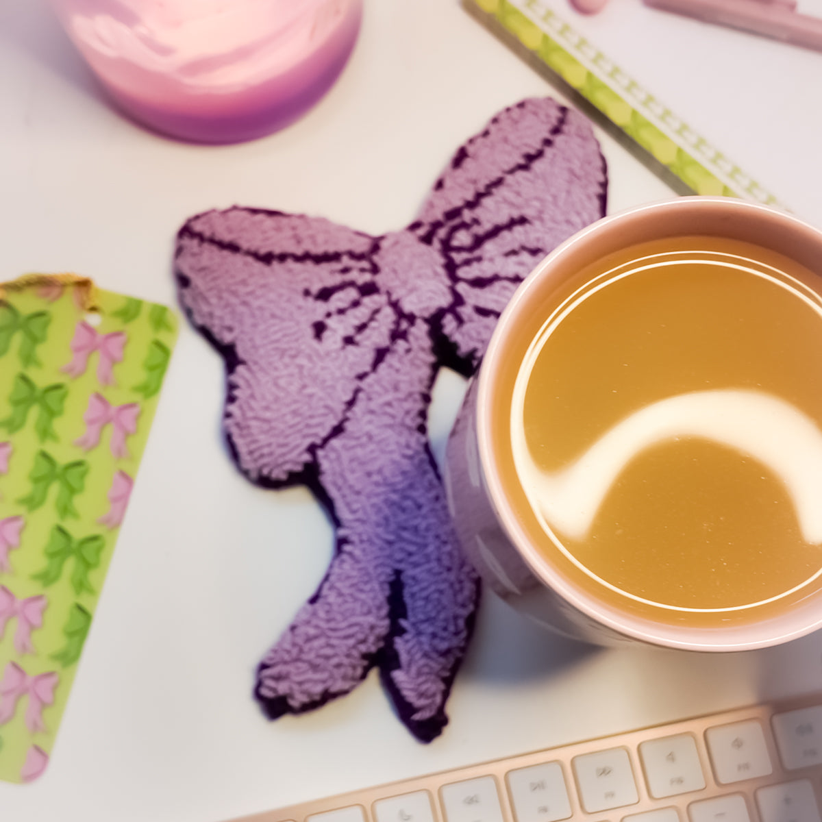Cute pastel lilac bow coaster for cosy workspace