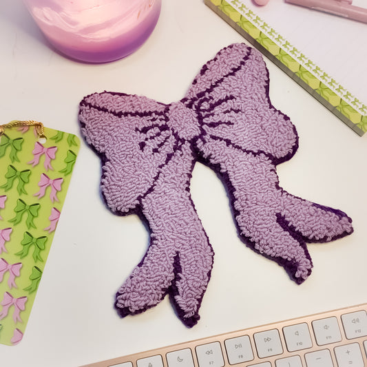 Lilac bow punch needle mug rug aesthetic desk setup