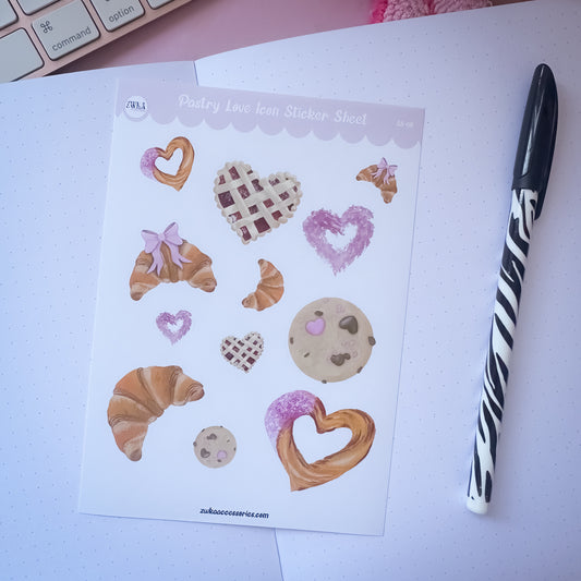 A6 pastry themed sticker sheet with croissants and desserts