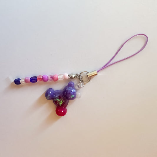Little Worry Bear & Beads Phone Charm on Phone Strap – Pink & Purple Worry Bear Beaded Phone Accessory