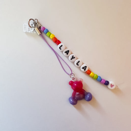 Personalised Pink/Purple Worry Bear Phone Charm – Beaded Name Phone Charm with Dust Plug