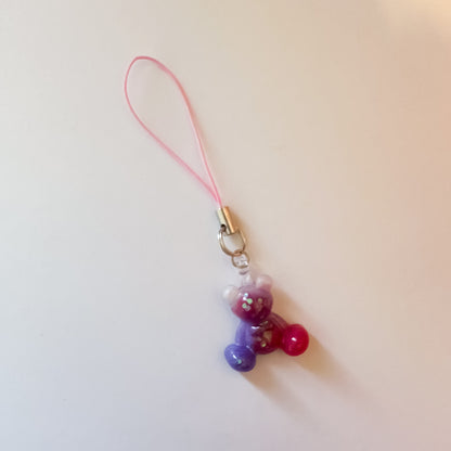 Little Worry Bear Phone Charm on Phone Strap – Pink & Purple Bear Accessory