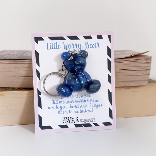 Dark Blue & Gold Speckled Little Worry Bear Keyring | Handmade Resin Keychain