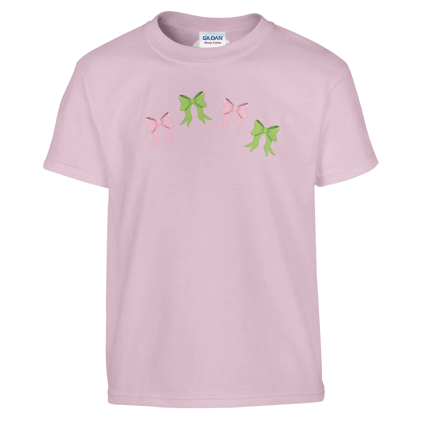 Flat lay of Kids pink t-shirt with pink and green bows design on front