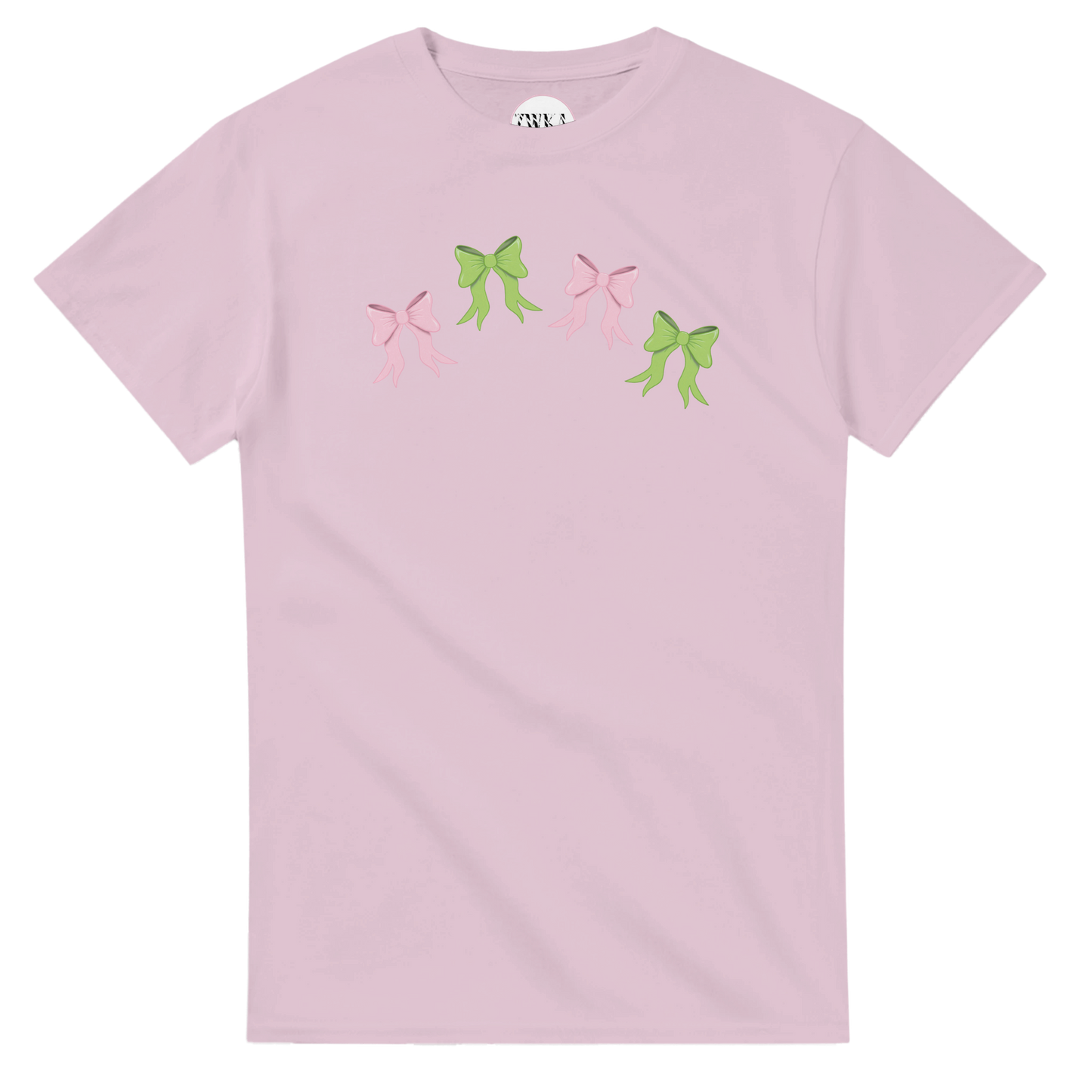 Pink t-shirt with pink and green bow design flat lay