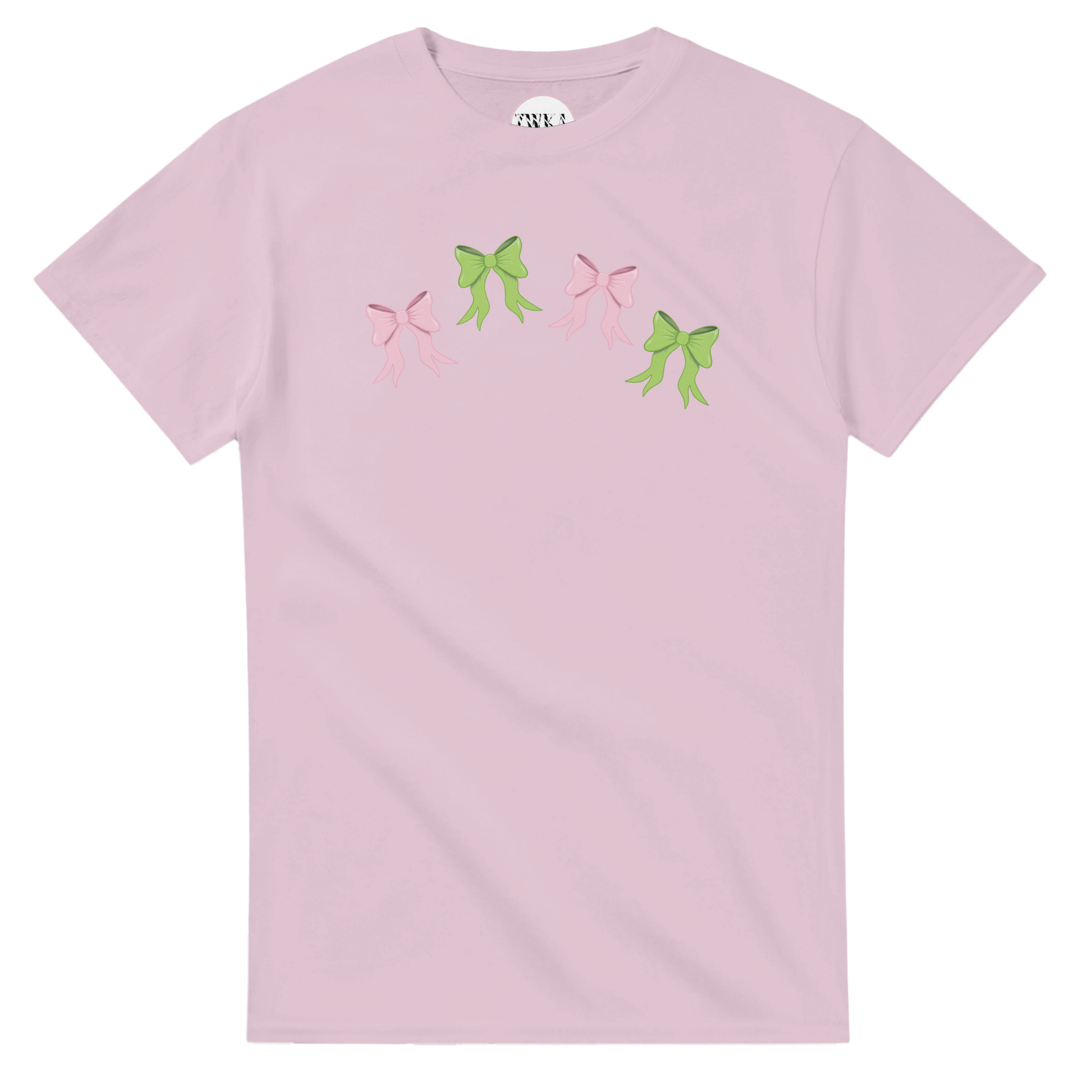 Pink t-shirt with pink and green bow design flat lay