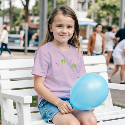 Kids pink t-shirt with pink and green bows design on front