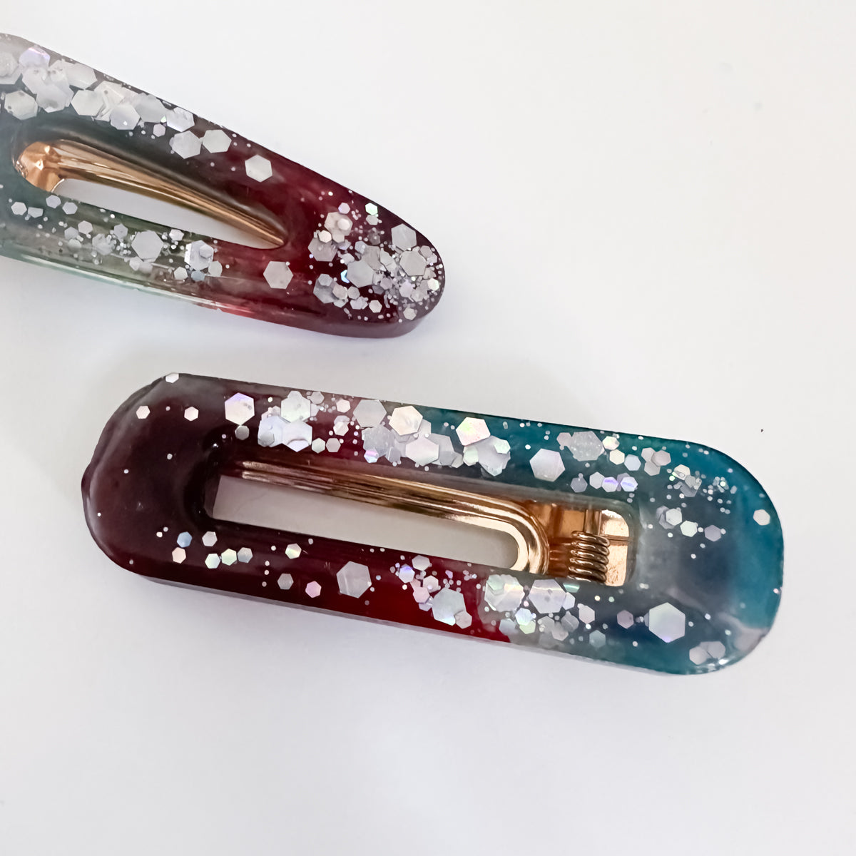 END OF LINE - Blue and Red with Silver Glitter Resin Hair Clips