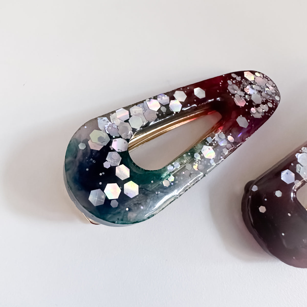 END OF LINE - Blue and Red with Silver Glitter Resin Hair Clips