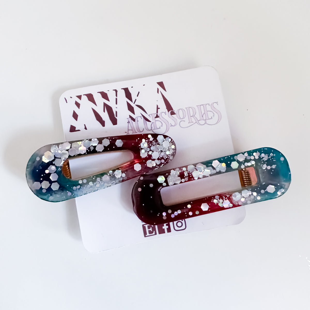 END OF LINE - Blue and Red with Silver Glitter Resin Hair Clips