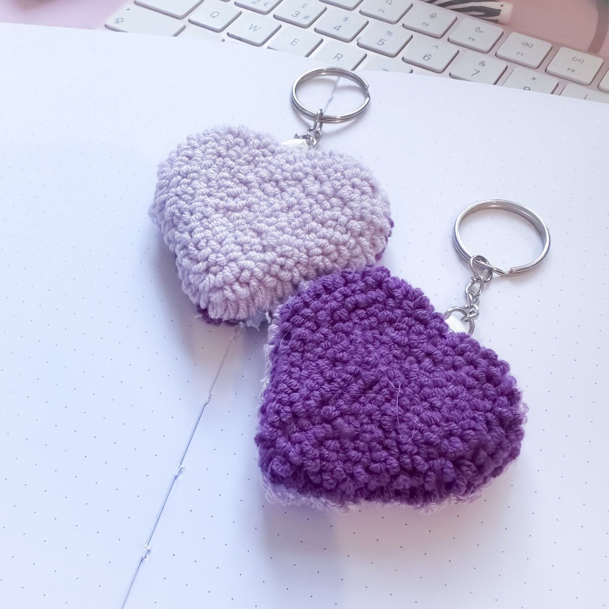 Lilac and purple heart punch needle keyring handmade