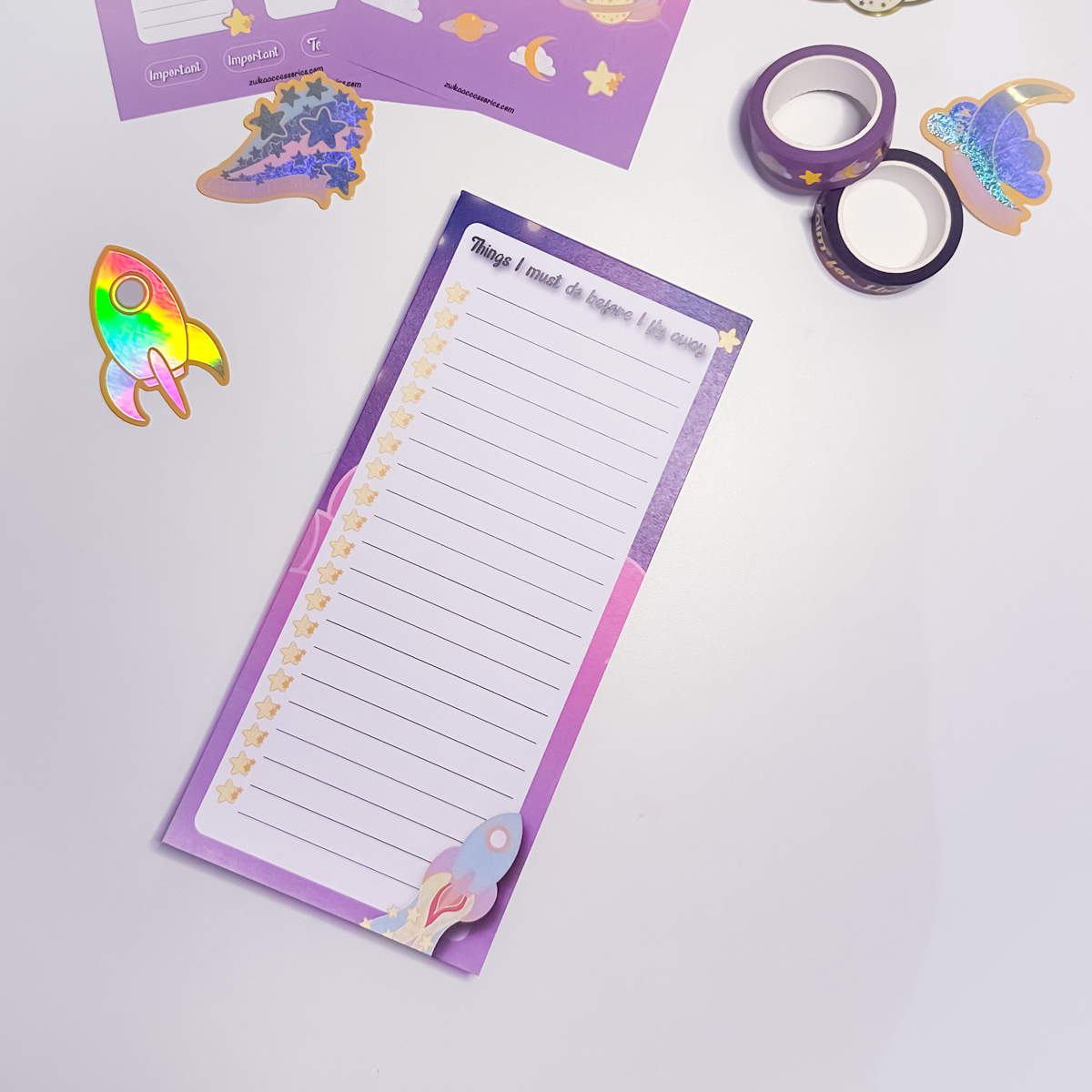 Land in the Stars stationery collection featuring  washi tape, holographic stickers and DL to-do list notepad