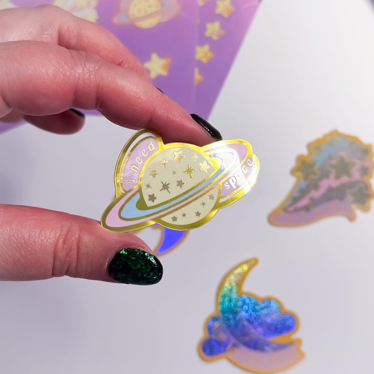 I Need Space gold mirror planet sticker reflecting light