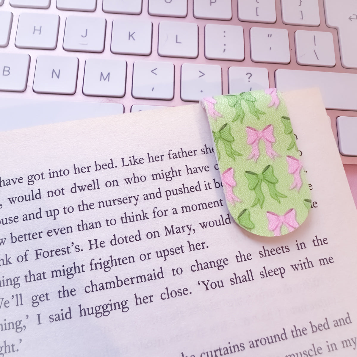 Bow magnetic bookmark close up on book page